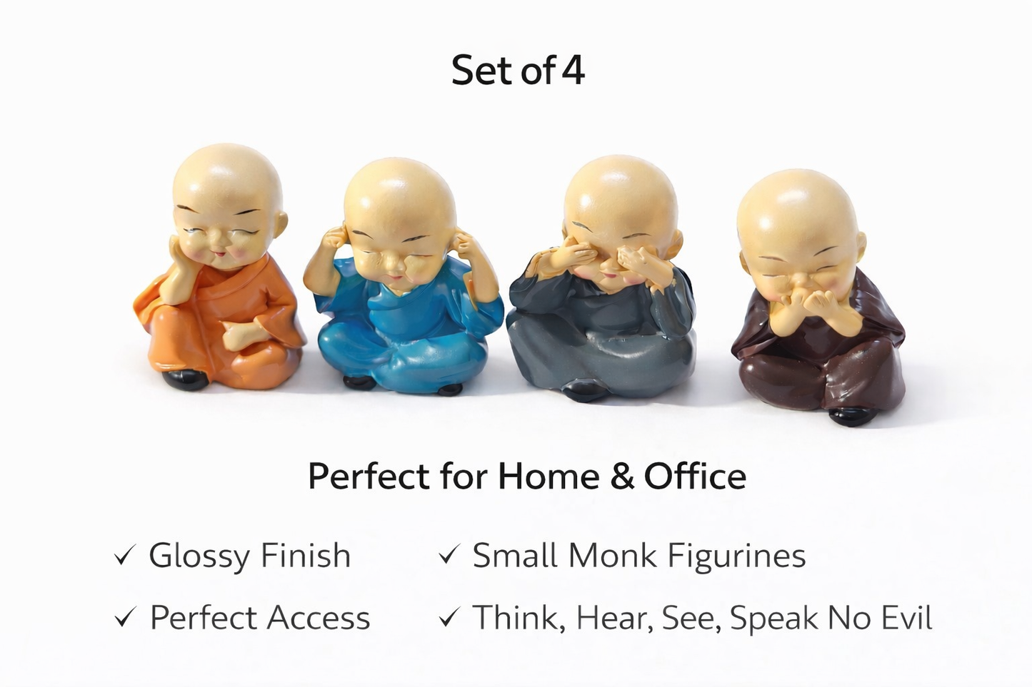 Four Wise Monk Showpiece Set Peaceful Buddha Monk Home Décor (Multicolor)